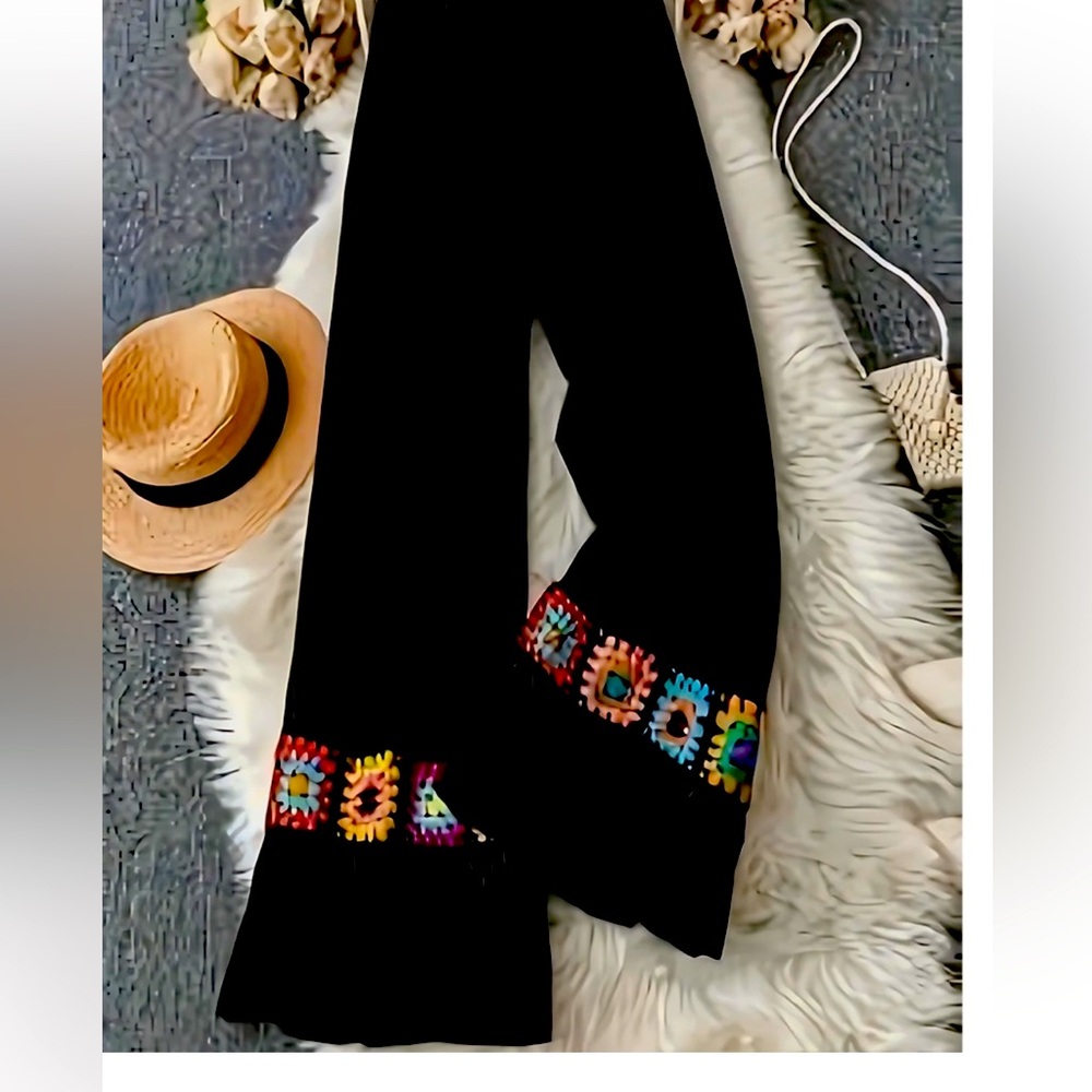 BPB14-10🖤💙Boho Black “granny square”Crochet Trim Pants w/wide legs-gr8 day2date!